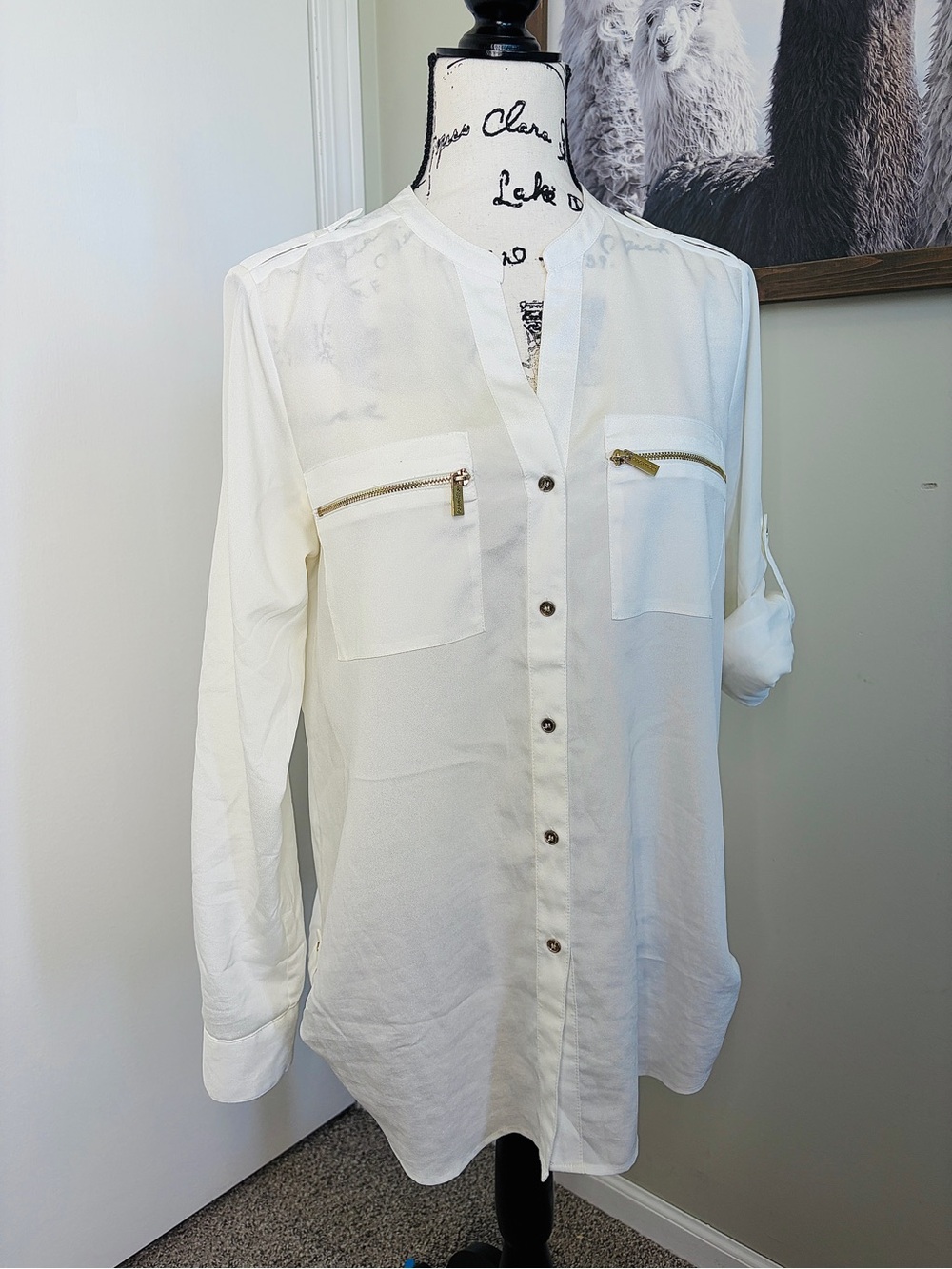 Calvin Klein White Button-Front Long-Sleeve Blouse with Gold Zippers